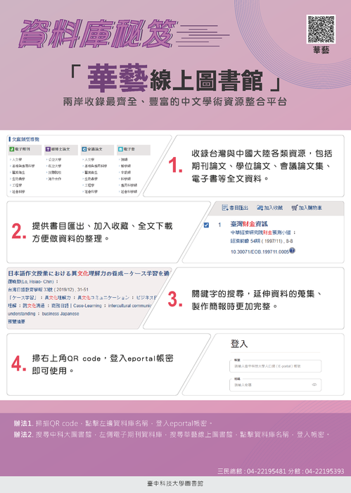 華藝線上圖書館使用指南，包含註冊、登入、搜尋及下載全文的步驟。