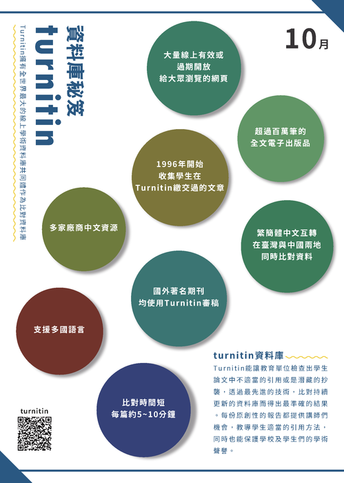 Turnitin資料庫包含來自全球的學術期刊、書籍、會議論文、學生作業及網頁等多種來源，提供強大的比對功能，幫助教師和學生檢測文章的相似度，確保學術誠信